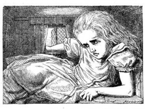 Imagen de Alicia en pleno proceso macrópsico mientras se encuentra en la casa del señor C. Blanco. Ilustración de John Tenier.