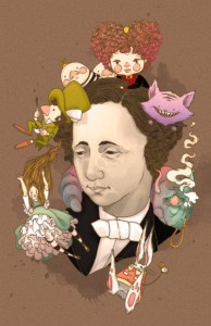 Caricatura de Lewis Carroll acompañado de algunos de los personajes de la novela "Alicia en el país de las maravillas".