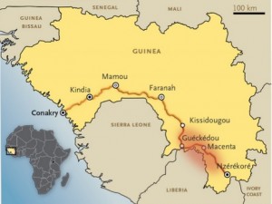 Mapa de Guinea en el que se muestra el lugar donde se inició el brote de ébola. Mapa de Guinea en el que se muestra el lugar donde se inició el brote de ébola en África en el año 2013. En el mismo se detalla la principal carretera que une la zona del brote con la capital de Guinea, Conakry. Fuente: Emergenceof Zaire Ebola virus disease in Guinea. Baize S, et al. N Engl J Med. 2014;371(15): 1418-25.