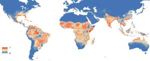 Distribución mundial del mosquito Aedes aegypti, uno de los vectores del virus Zika. En el gráfico, las zonas coloreadas con tono azul (correspondientes al número 0) denotan la ausencia del mosquito vector del zika, mientras que las zonas coloreadas en tonos rojizos (nombradas como 1 en el dibujo), indican la presencia del mosquito Aedes aegypti en dicha zona.