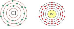 Imagen comparativa de los átomos de Cloro y Bromo. Ambos elementos, halógenos, tienen 7 electrones libres en su capa de valencia y ansían completar el octete que les confiera esa estabilidad. En esa búsqueda del "electrón que les falta", se vuelven tremendamente reactivos, de ahí que se investigase con ellos como agentes químicos tóxicos, pues reaccionarían con el individuo que los inhalase abrasando sus mucosas y provocando la muerte por asfixia del individuo en pocos minutos.