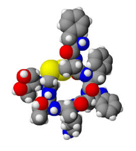 Estructura 3D del octreótido, obtenida por Chemsketch 8.0. El octreótido es usado como un fármaco análogo de la somatostatina, con lo que se usa para combatir la acromegalia a inhibir la liberación de GH.